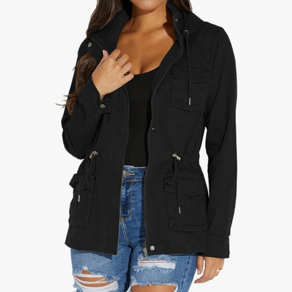 Black Hooded Jacket with Blue Ripped Jeans